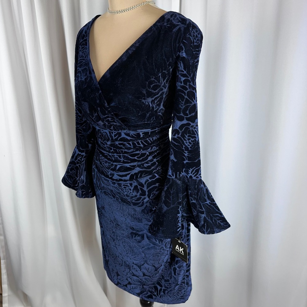 Anne Klein Velvet Burnout Dress Navy Blue Bell Sleeve Wrap Midi Sz 6